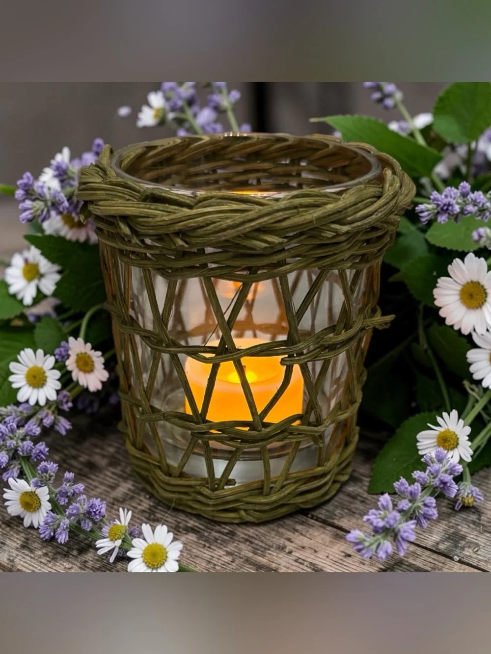 Vint Rustic Green Wicker Glass Tea Light Votive Candle Holder Avocado Seagrass
